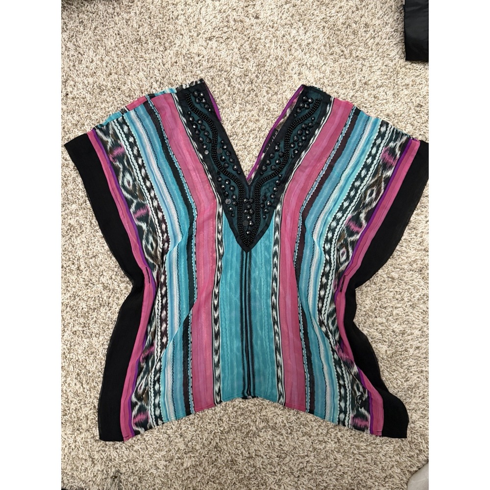 Vtg Y2k Baby Phat Sheer Poncho Top Women's Size M Jewel Aztec‎ Pink Blue
